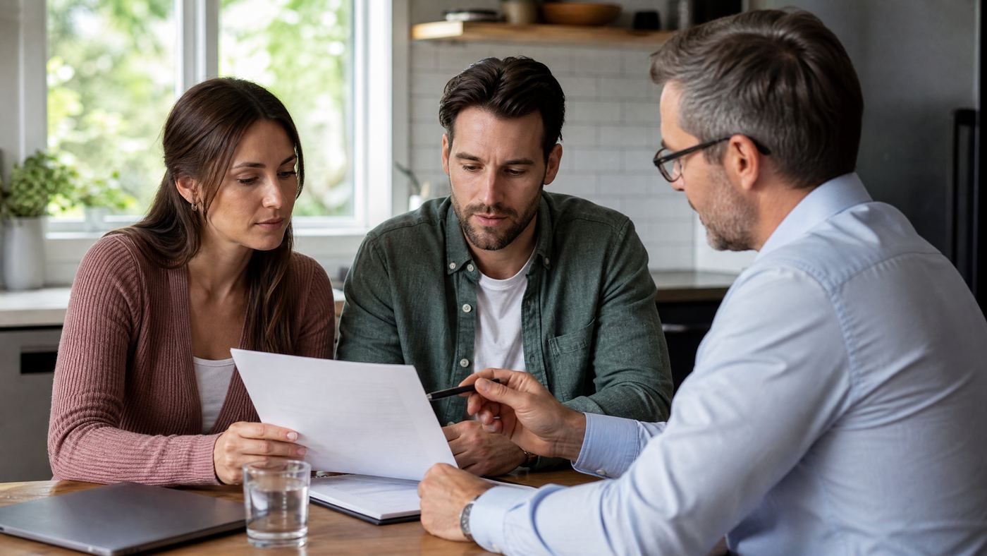 Notary reviewing documents with a couple at their kitchen table